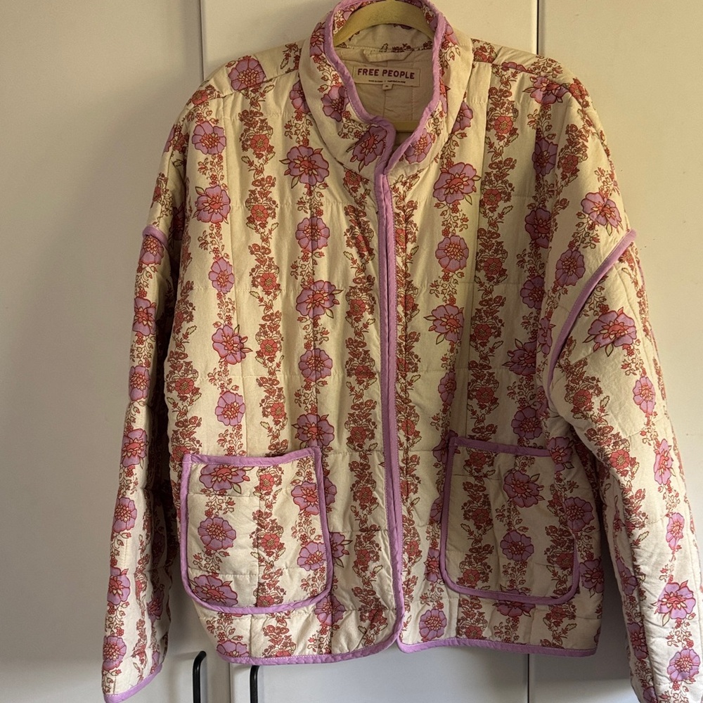 Free People Floral Quilted Jacket - Cream and Pink